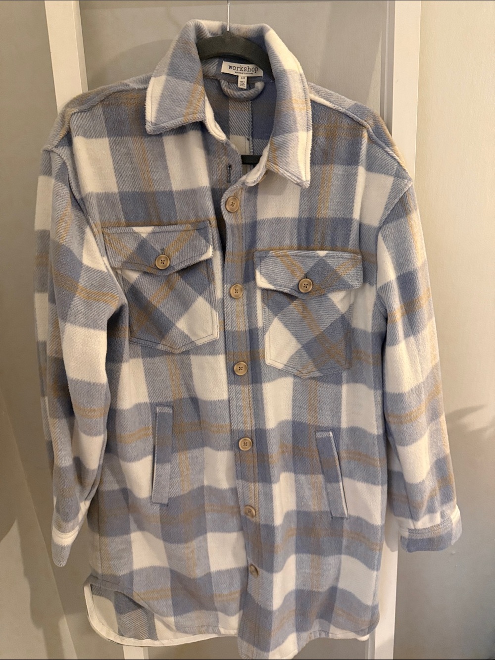 Women’s Workshop Republic Blue, White & Tan Plaid Shacket